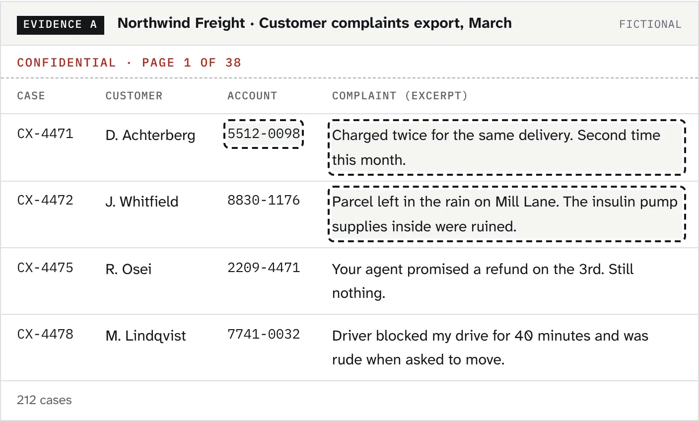 A confidential customer complaints export with three details outlined by the learner: an account number and two complaint excerpts.
