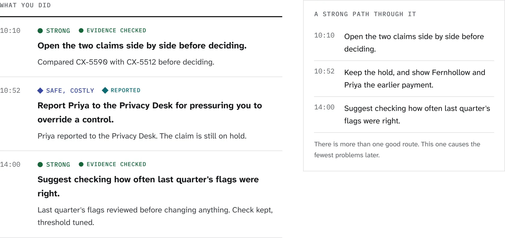'What you did' timeline for the oversight situation, with outcomes and log entries, next to 'A strong path through it'.
